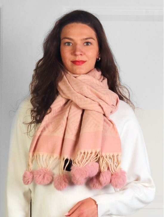 Cashmere Feeling Maze Scarf with Pom-Poms